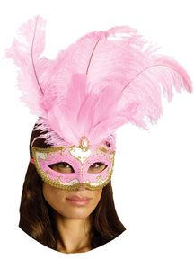 Carnival Mask Big Feathr Pink For Masquerade