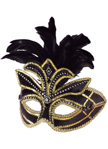Masquerade Ven Mask Black W Feathers