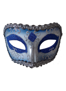 Medieval Opera Mask Blue Silver For Masquerade
