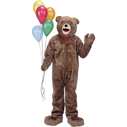 Teddy Bear Adult Costume Includes Oversized Mascot Head, Plush Jumpsuit, Mittens, Spats And Parade  Big Feet.
