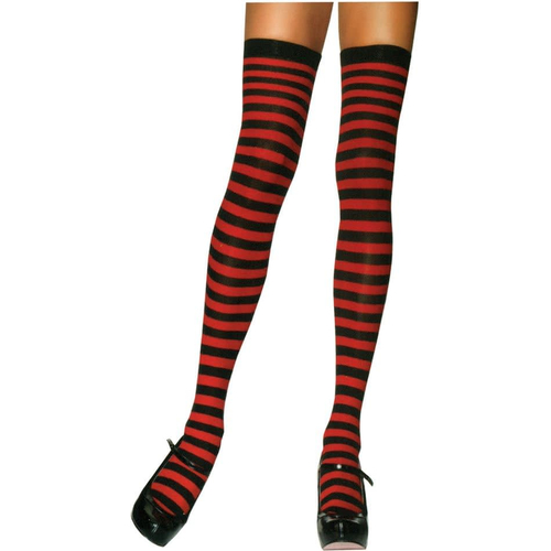 Stockings Thi Hi Striped Bk/Rd