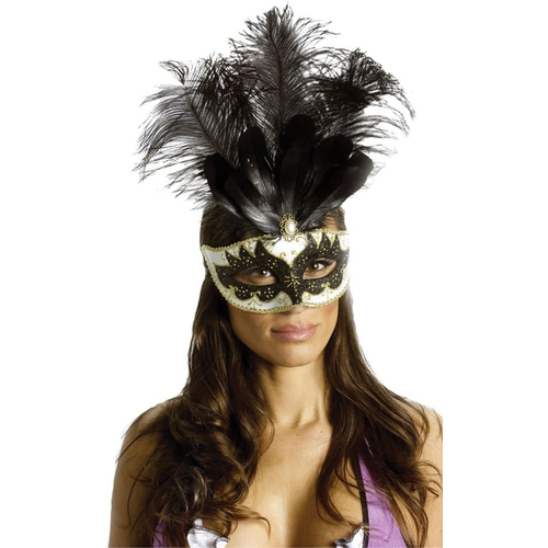 Carnival Mask Big Feathr Bk/Gd For Masquerade