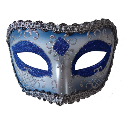 Medieval Opera Mask Blue Silver For Masquerade